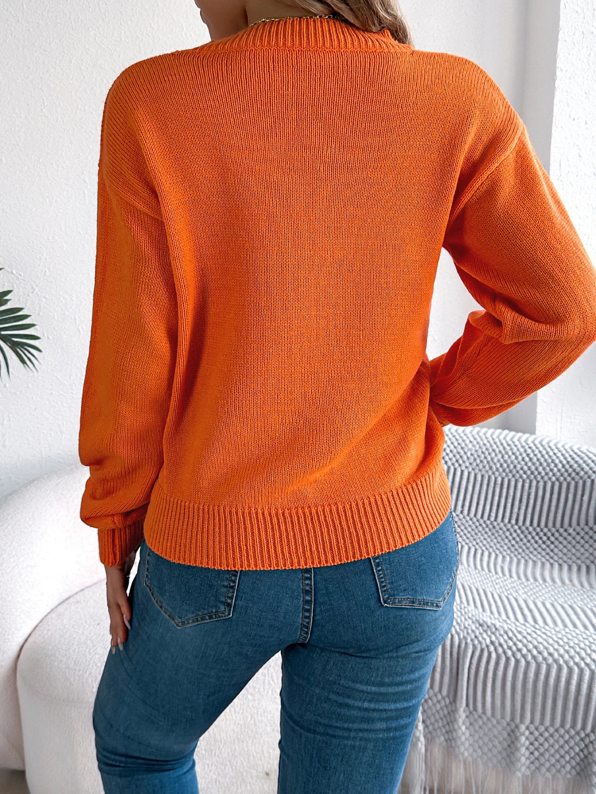 Halloween Women Sweaters for Autumn Winter Casual Solid Color Pumpkin Pattern Long Sleeve Knitted Pullover Tops Orange Khaki Red