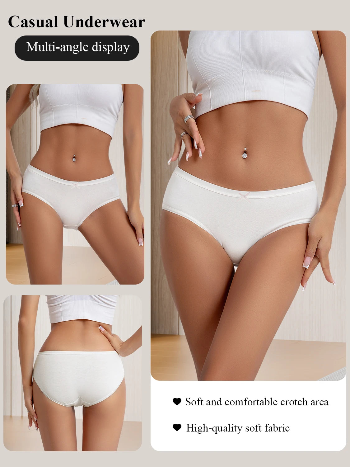 3PCS White Simple Comfortable Cotton Underwear for Women Girls Cute Low-Waist Panties Breathable Skin-Friendly Briefs Lingerie