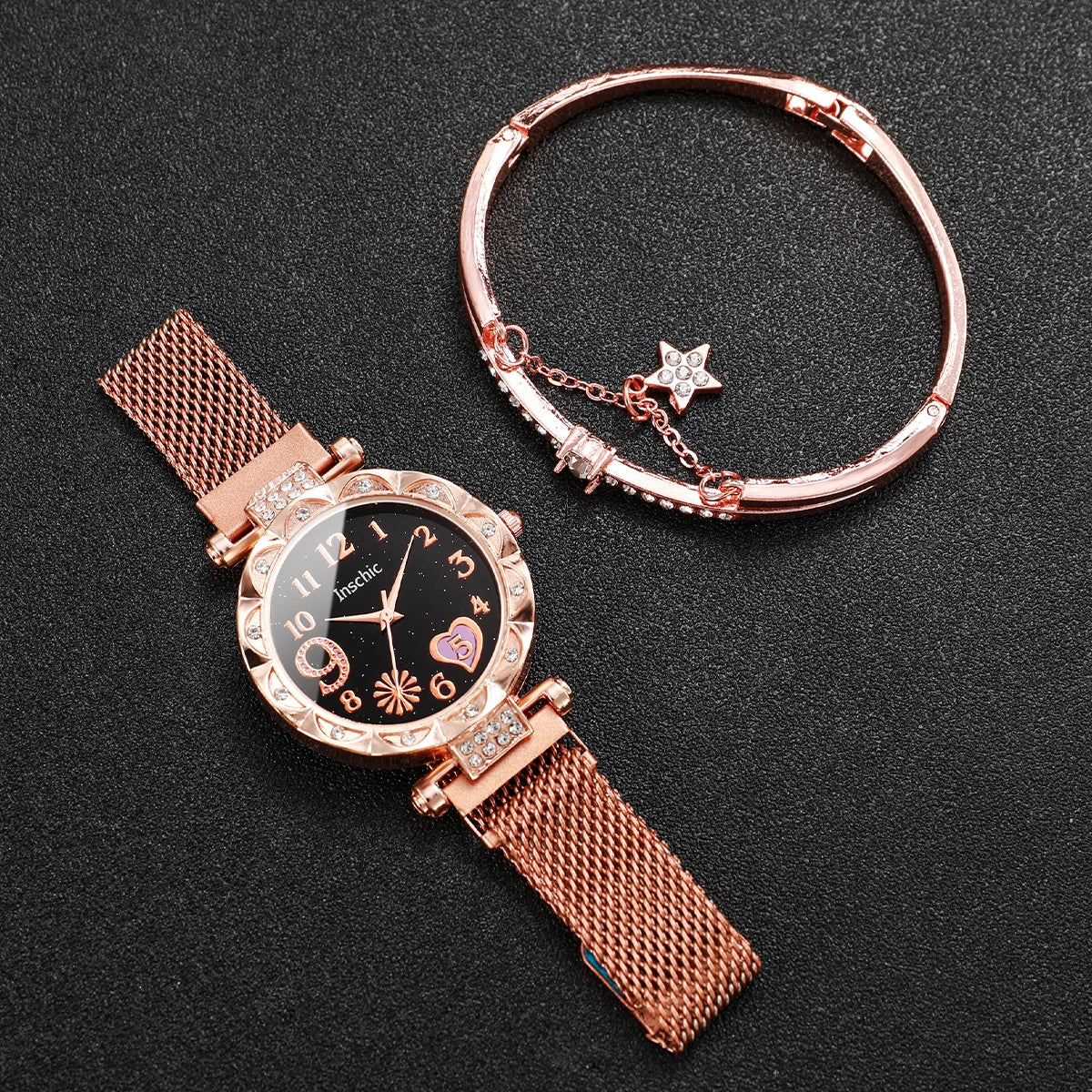 2PCS/Set Fashion Flower Dial Women's Watch Magnet Buckle Mesh Band Quartz Watches Star Bracelet Set(Without Box)