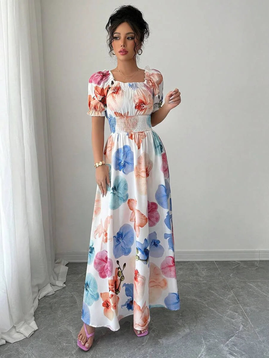 BKLD Women Clothing Summer Floral Print Dress Short Sleeve Square Collar Beach Holiday Outfits Waist Ruched Long Dresses Party