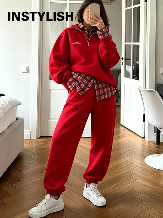 Women 2 Piece Tracksuit Half Zip Stand Collar Sweatshirt Jogger Pants Set Letter Embroidery Loose Casual Autumn Winter Outfit