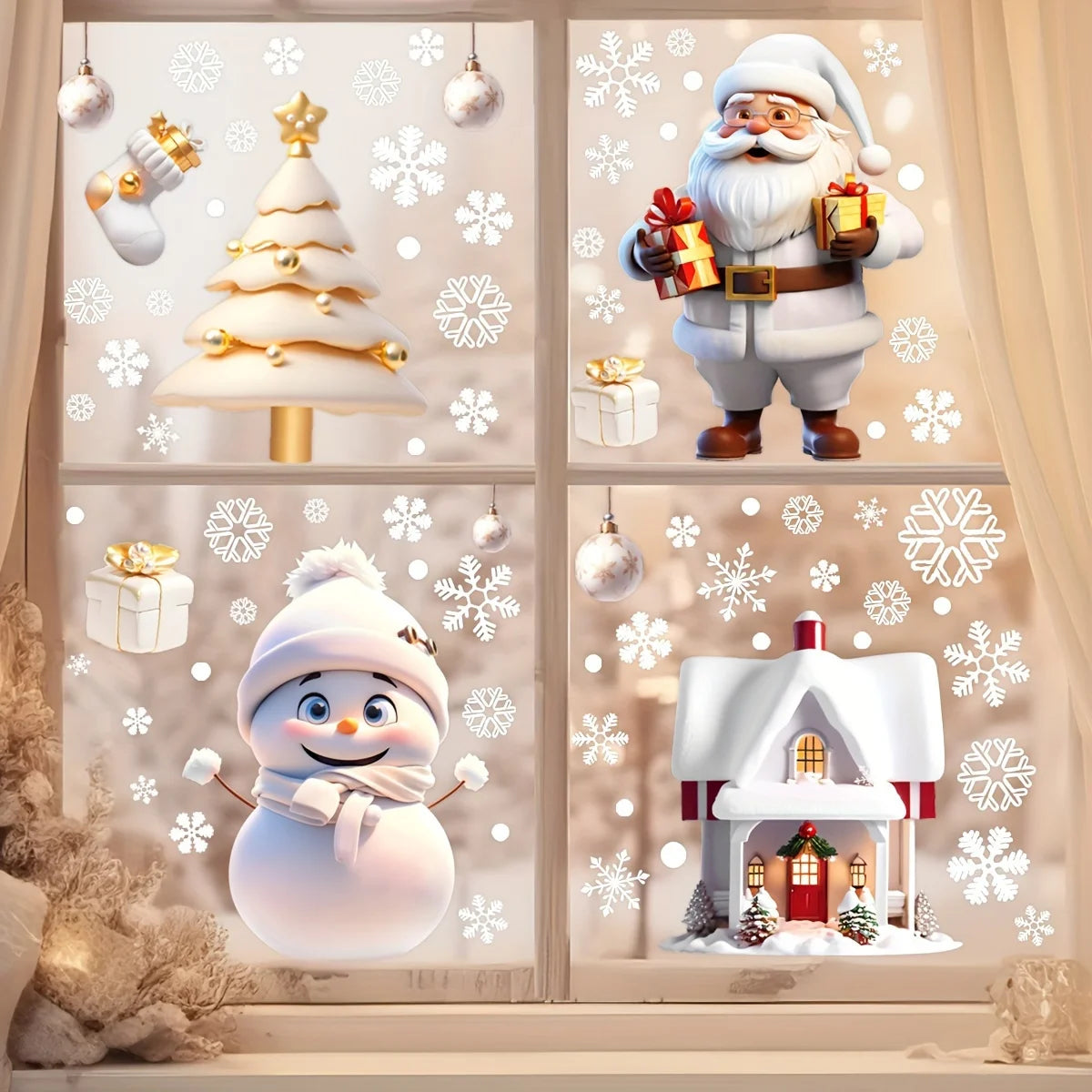 4/8 Sheets 3D Cartoon Christmas Window Clings, Santa Snowman Xmas Tree Gingerbread House & Snowflake Decals, Removable Glass