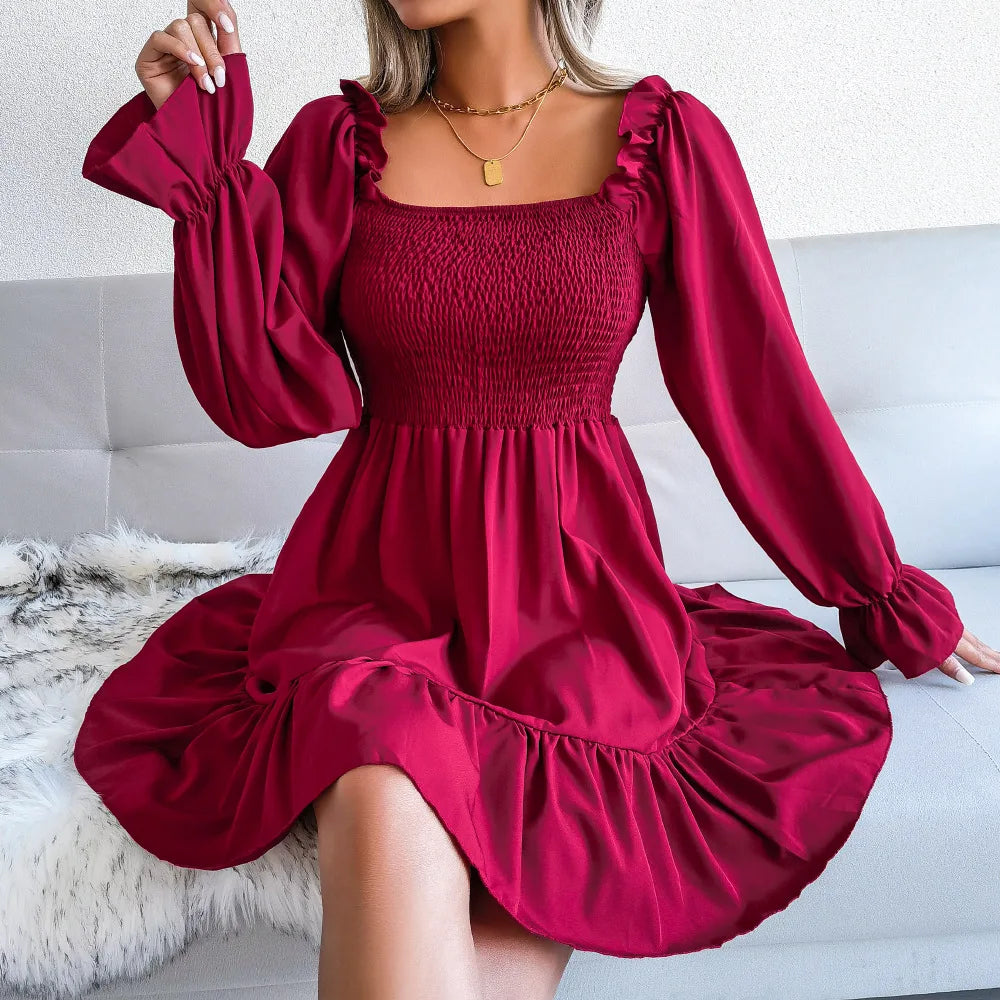 Spring Summer Casual Solid Color Square Neck Flared Long Sleeve Ruffled Dress Red Orange Green Black 2026 Fashion Woman Clothing