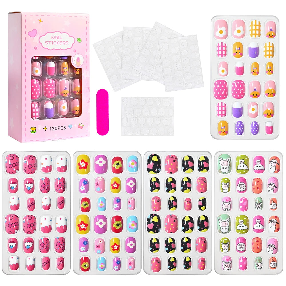 120Pcs Kids Cute Bow Heart Design False Nails Cartoon Animal Short Square Full Cover Fake Nail Tips for Girls Press On Nails