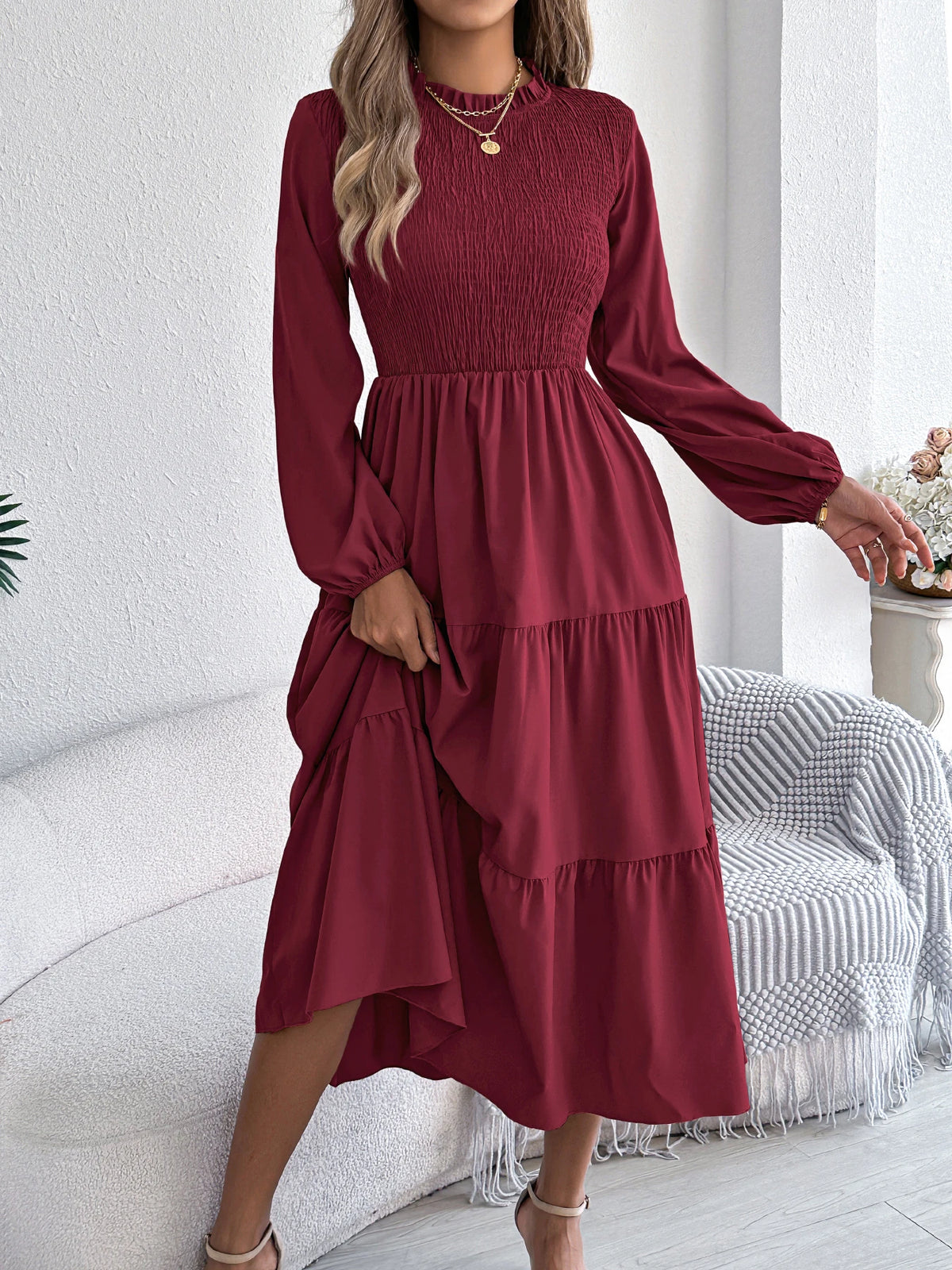 Autumn Winter Elegant Dress for Women Solid Color Round Neck Lantern Long Sleeve Ruffled Dresses Khaki Green Red Woman Clothing