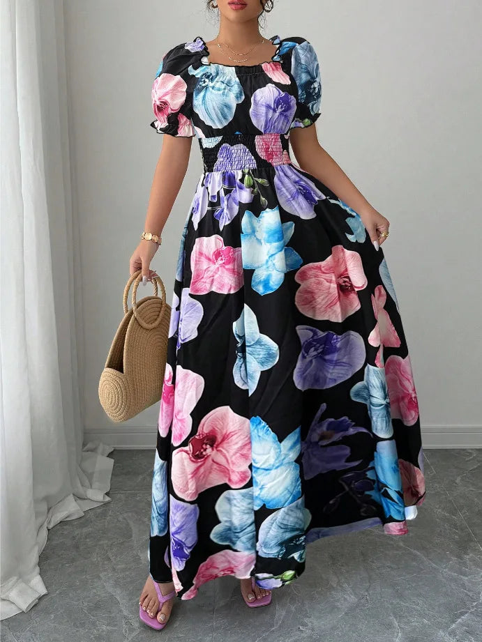 BKLD Women Clothing Summer Floral Print Dress Short Sleeve Square Collar Beach Holiday Outfits Waist Ruched Long Dresses Party