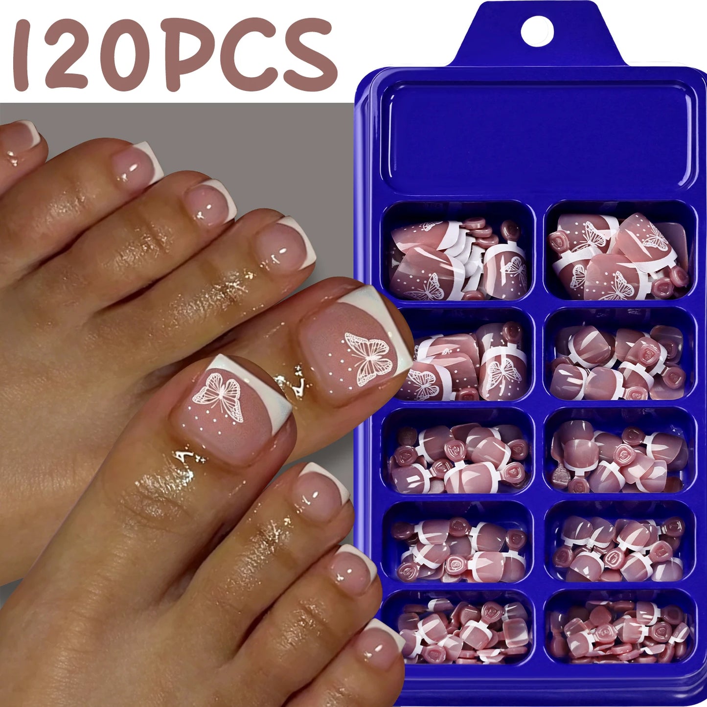 120Pcs Bronzing White Butterfly Design Fake Toenail Short Square Full Cover French False Toe Nails Summer Press On Toenails