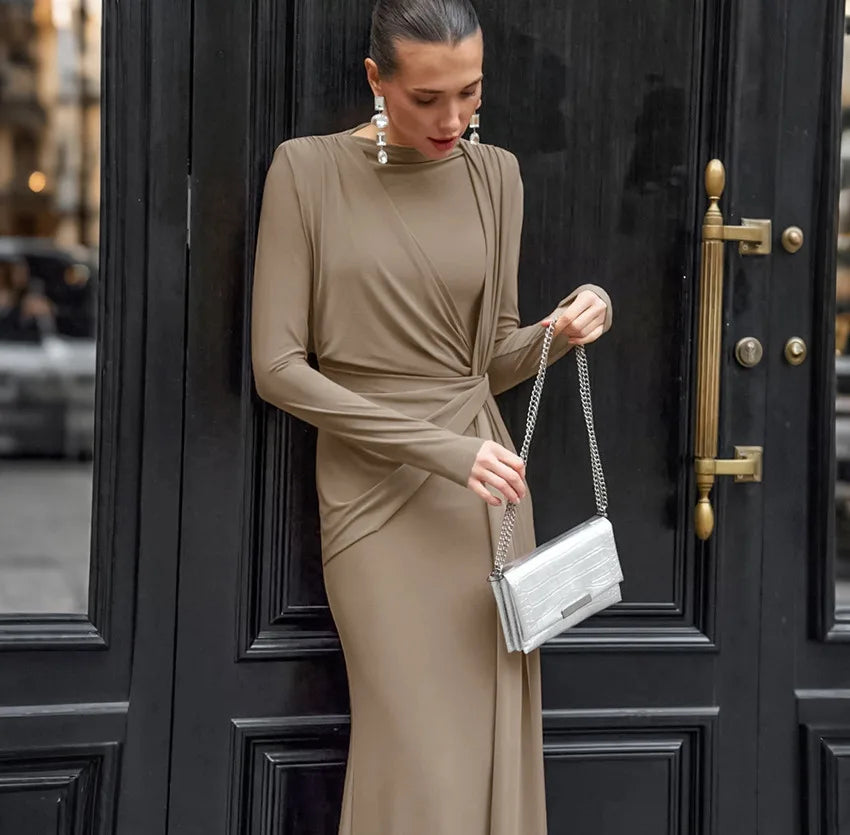 BKLD Fashion Autumn French Long Dresses Women Clothing Elegant High Waist Ruched Slimming Evening Dress Long Sleeve Solid Color