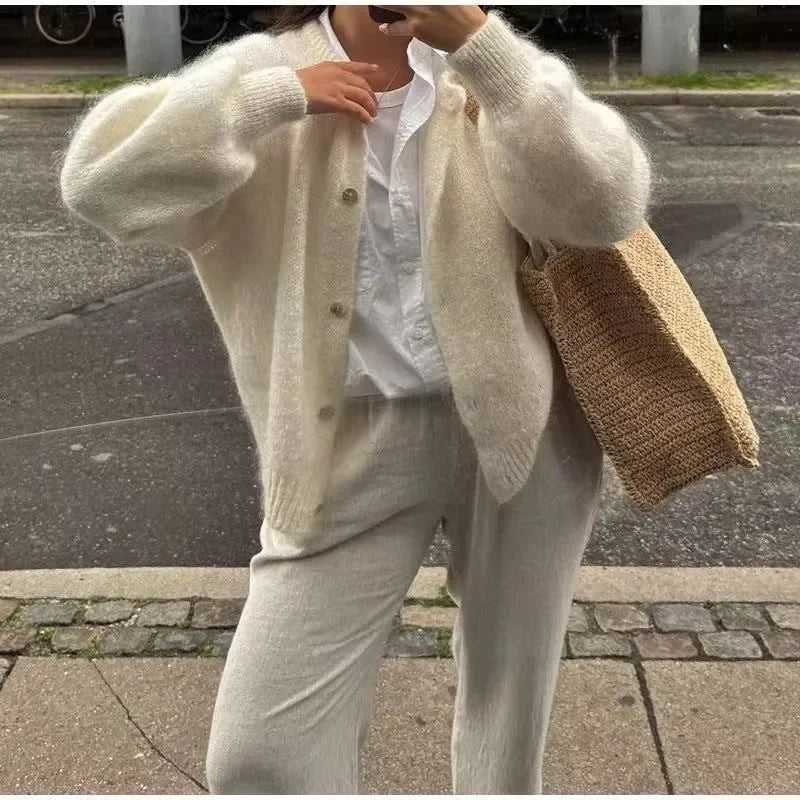 Women Mohair Knit Cardigan O Neck Elegant Lantern Long Sleeve Oversized Loose Fluffy Sweater Coat Autumn Winter Casual Knitwear