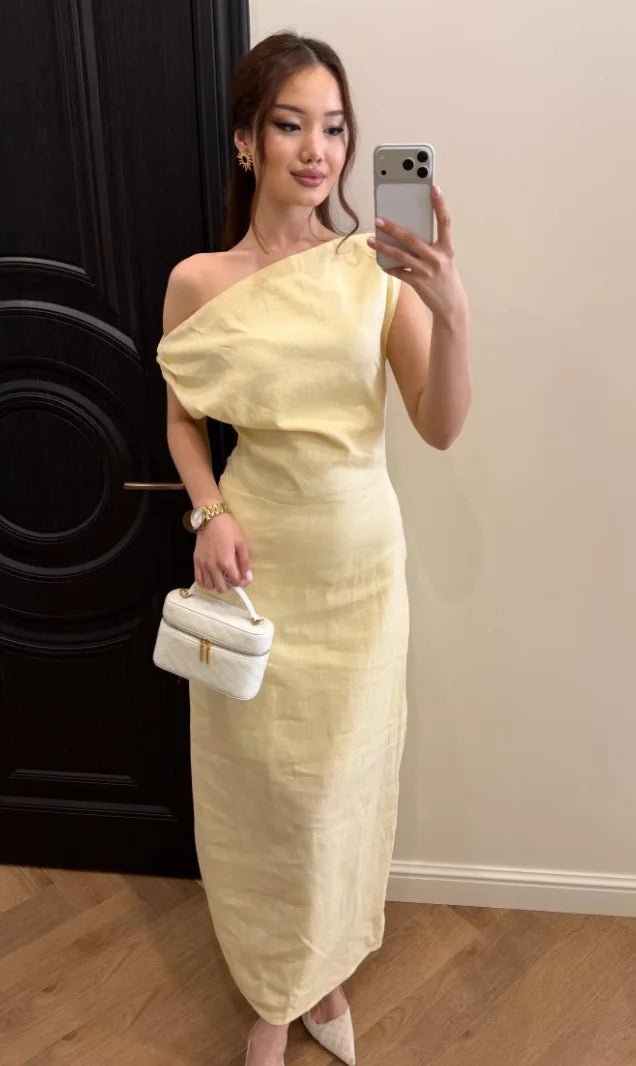 Elegant Solid One Shoulder Dresses Lady Skew Collar Waist-cinching Sleeveless Long Dress 2026 Women New Party Club Gowns