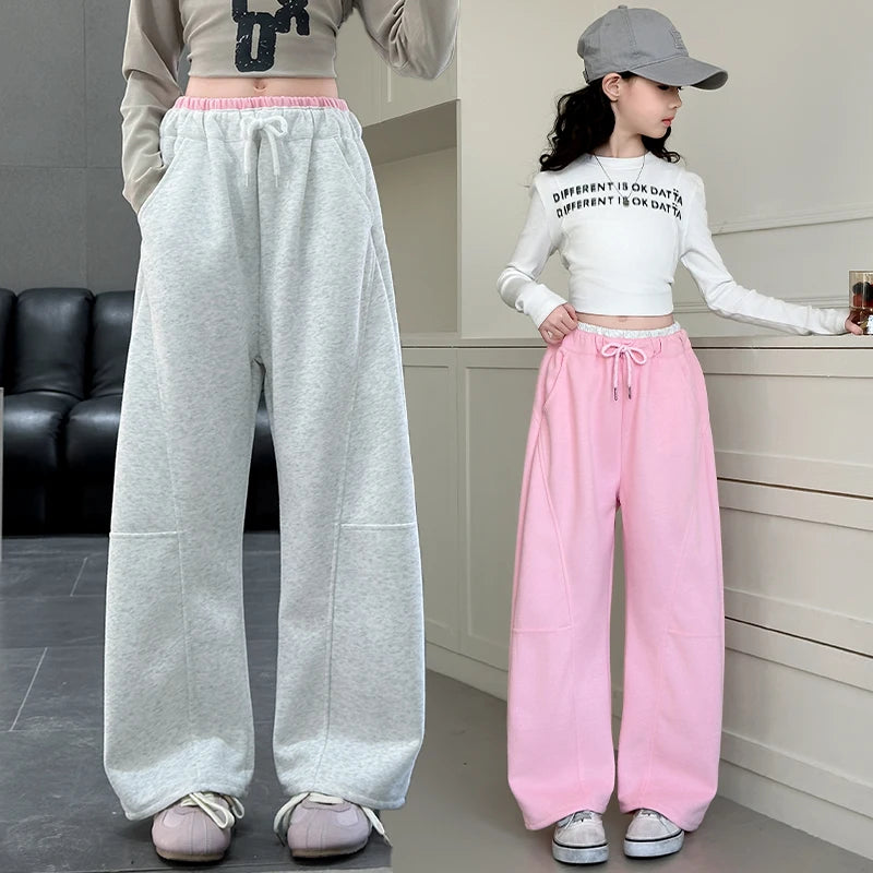New Autumn Girls Sports Drawstring Pants Pink Grey Color Kids Sporty Trousers Trackpants Children Cotton Knitted Sweatpants