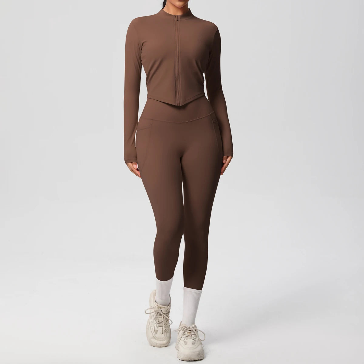 2PCS Yoga Suit Women Gym Set Leggings With Pocketed Women Tracksuit Running Zipper Workout Sportswear Long Sleeve Sports Shirt