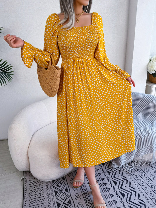 Spring Autumn Women's Elegant Polka Dot Square Neck Flare Long Sleeve Slim Waist Floral Dress Yellow Pink Red Woman Clothing