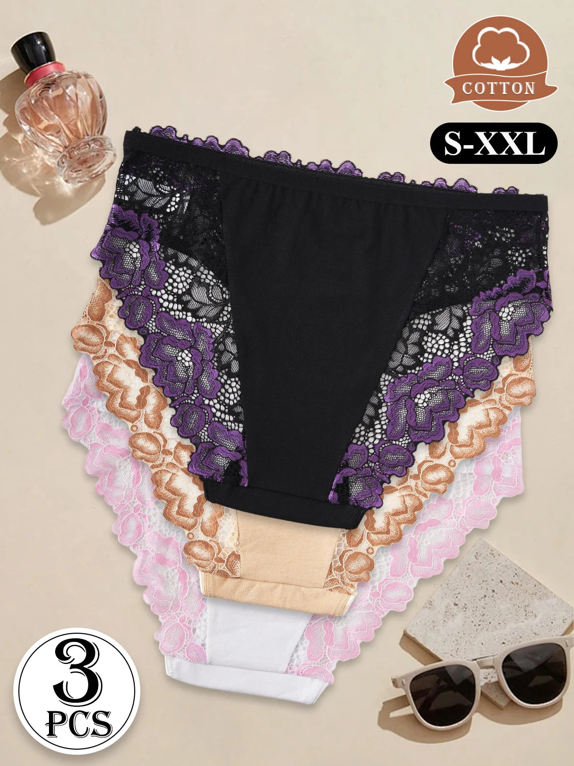 3PCS Semi-Sheer Contrast Lace Floral Sexy Women's Panties New Comfortable Cotton Underwear Solid Color Briefs Everyday Lingerie