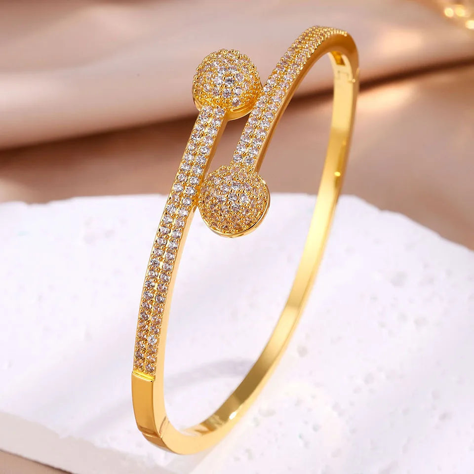 ZAKOL 14K Gold Plated Copper Cuff Bracelet for Women Micro Inlaid Dazzling Zircon CZ Luxury Wedding Party Jewelry