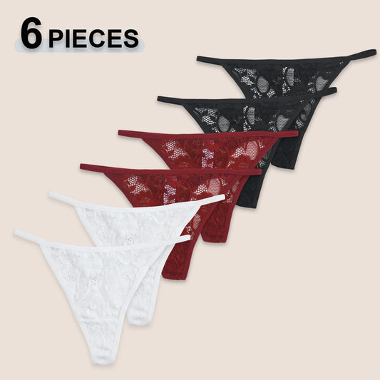 6PCS Elegant Lace Floral G-Strings Women Sexy Thongs Ultra-thin Low Waist T-Back Bikini Underwear Comfy Breathable Lingerie
