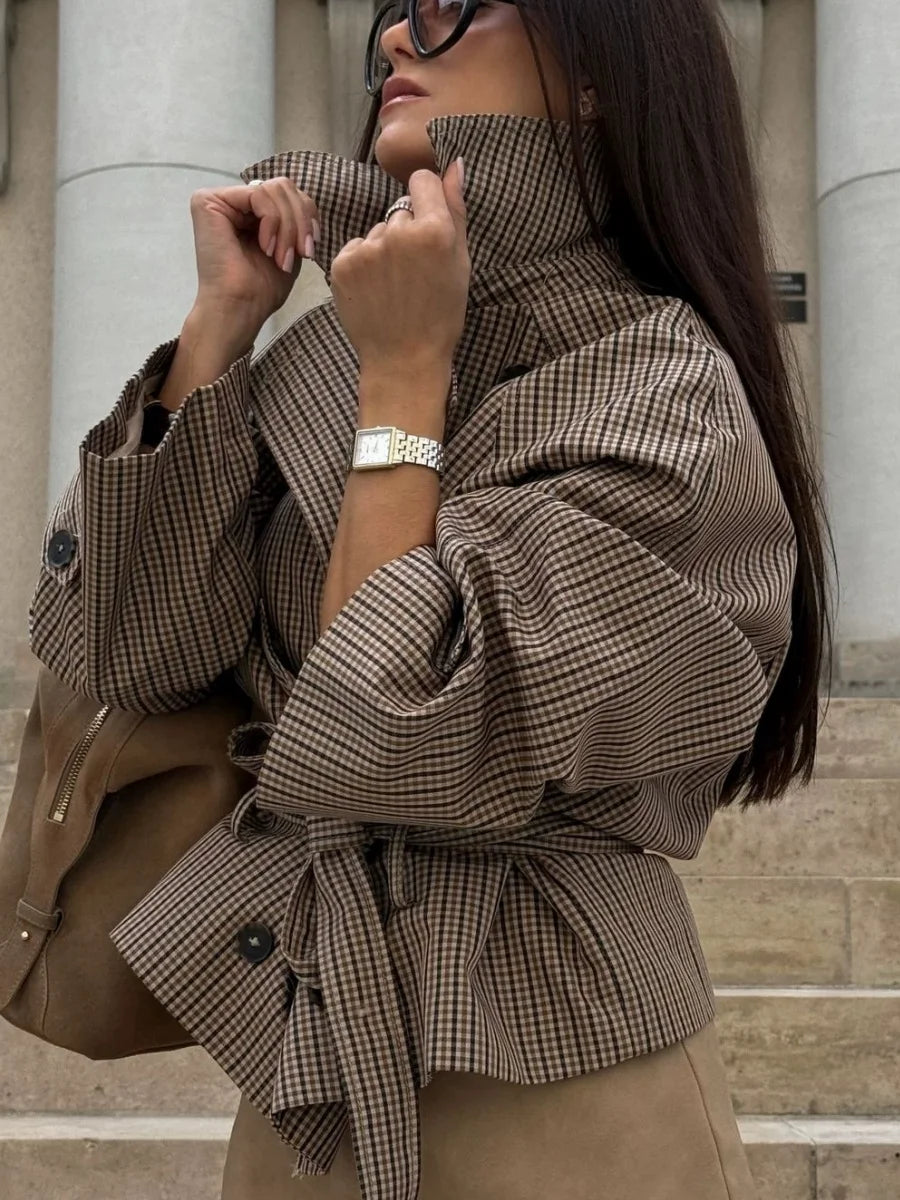 Vintage Plaid Cropped Trench Jacket Women Casual Lapel Lace-up Double Breasted Belted Loose Coats Lady Autumn WInter Streetwear