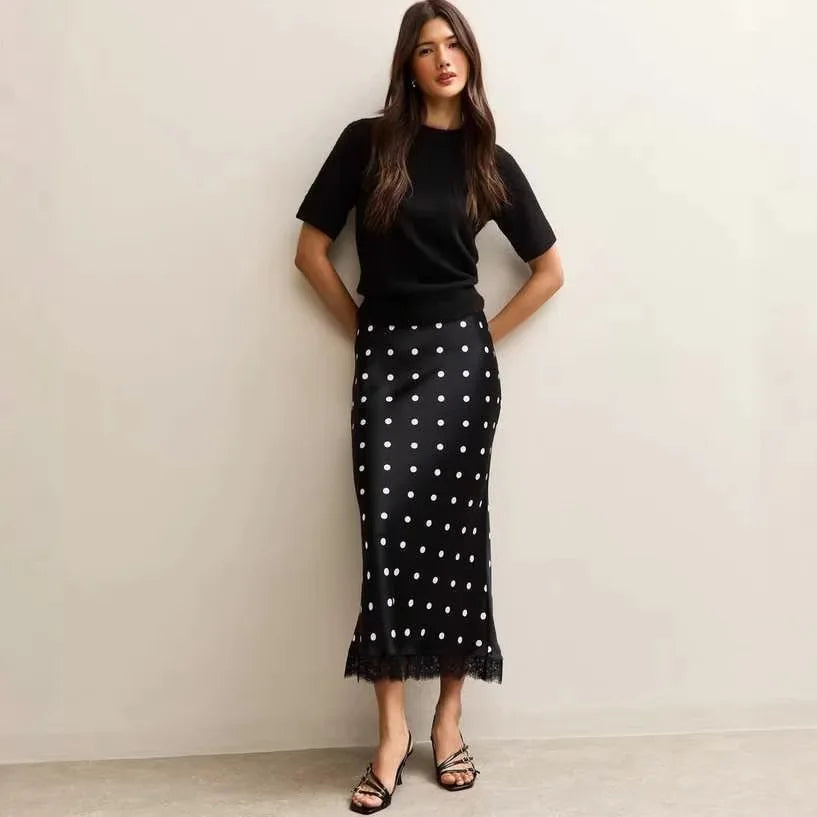 Elegant Polka Dot Skirt For Women Casual High Waist Satin Silk Patchwork Lace Midi Skirts 2026 Y2k Vintage Female Streetwear