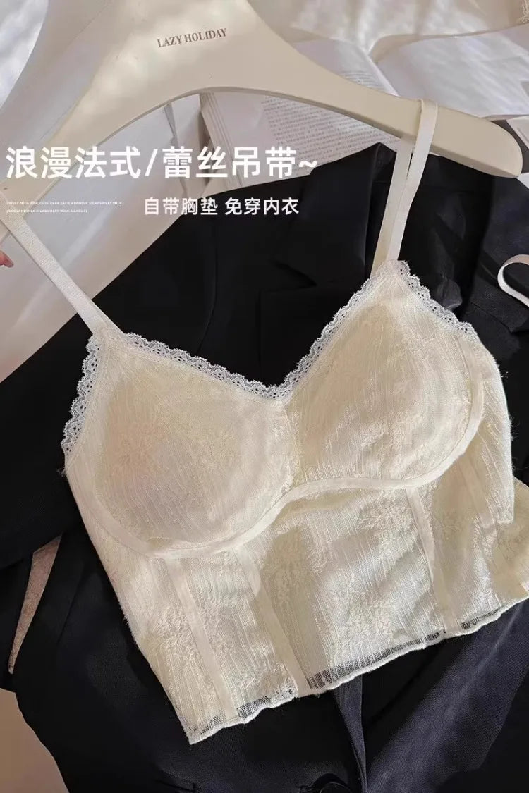 MOYISU French Lace Halter Bralette - Backless Wireless | Convertible & Removable Pads | White Comfort Bra for Daily/Evening Wear
