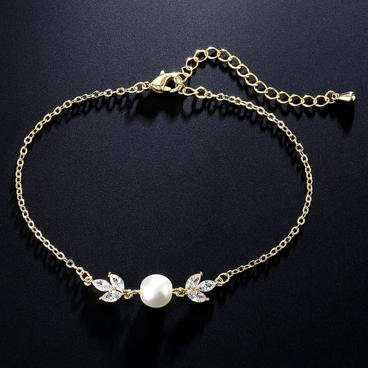 ZAKOL Fashion Leaf Cubic Zirconia Adjustable Bracelets For Women Girls Minimalist Pearl Zircon Charm Bracelet Wedding Jewelry