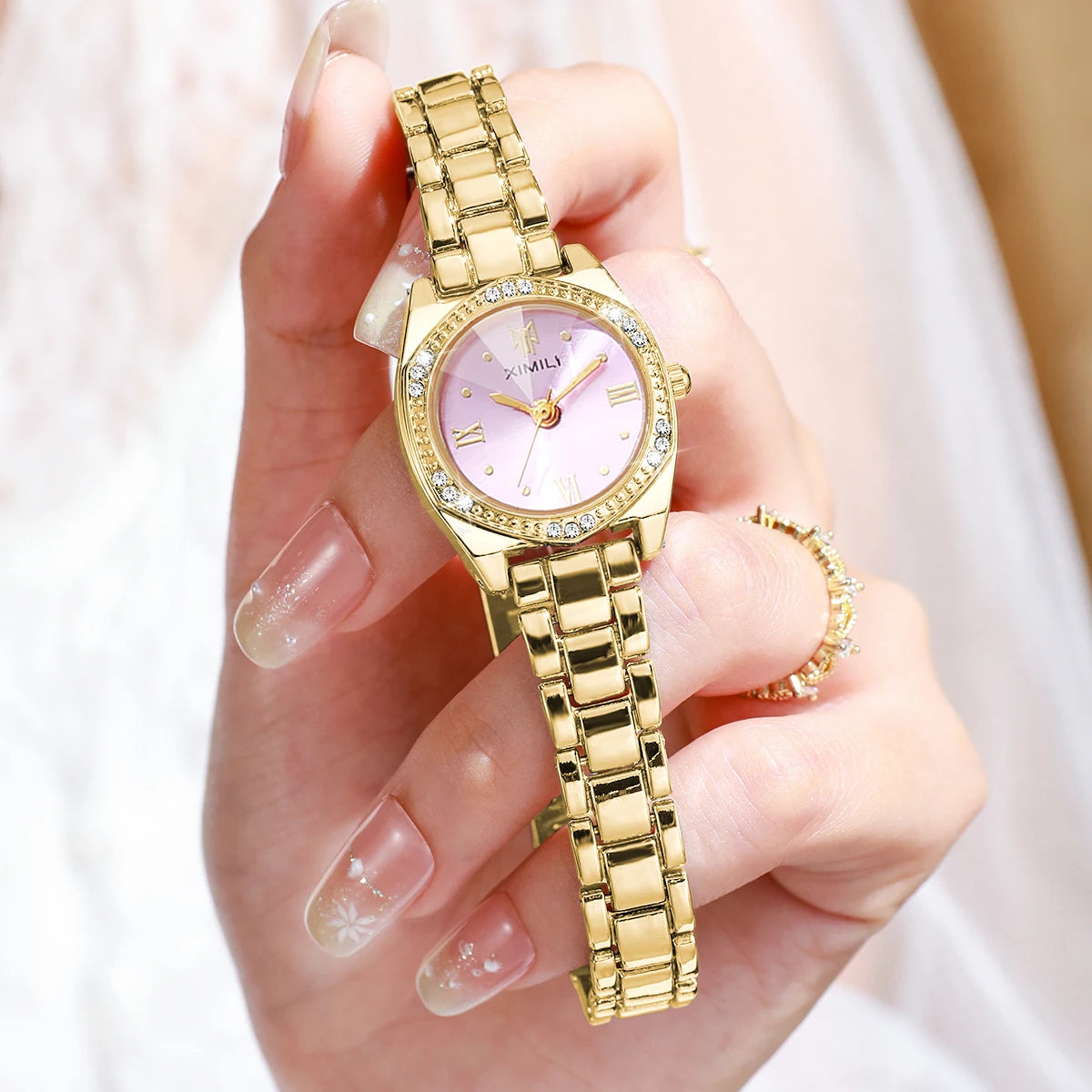 Elegant Rhinestone Roma Dial Women Quartz Watch Stainless Steel Bracelet Wristwatches Clock Gift Relogio Feminino（Without Box）