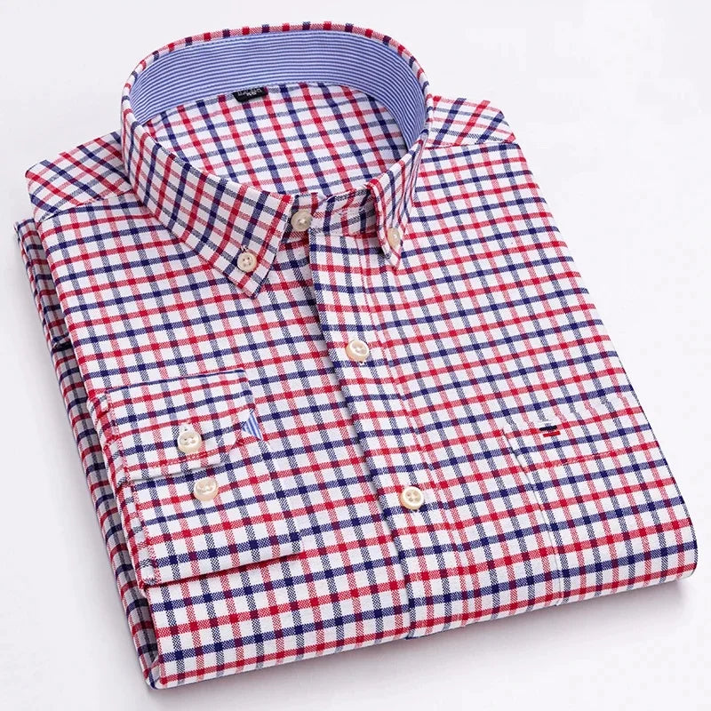 Men Social Shirts Long Sleeve 100% Pure Cotton Oxford Soft Buttoned Plaid Formal Male Clothes Oversized Shirt Plus Size 6XL 7XL