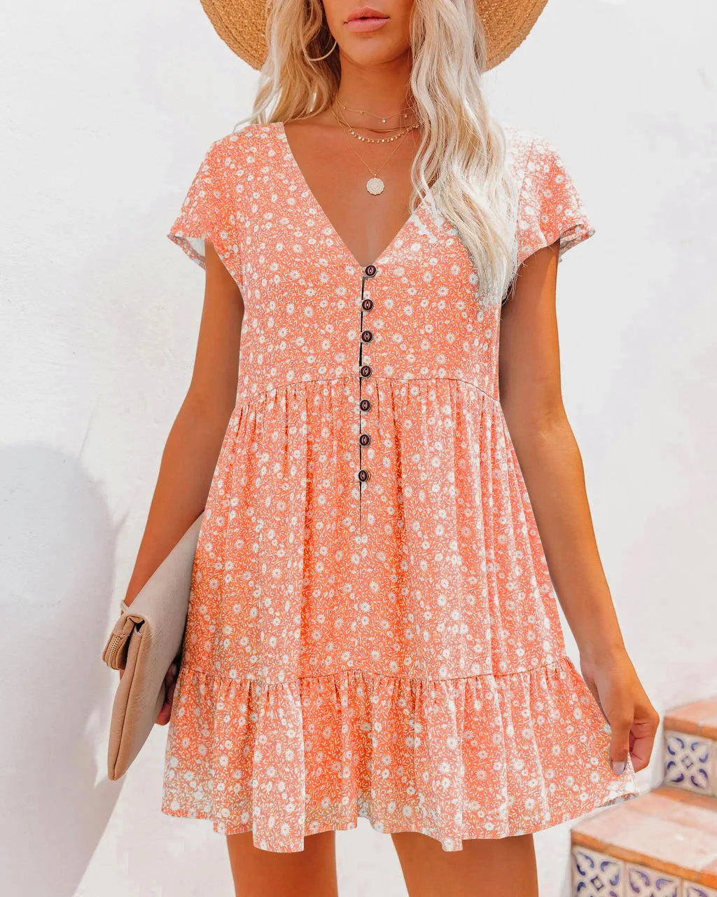 Women Summer Floral Print Short Sleeve V Neck A Line Dress Casual Boho Pleated Mini Dress Beach Party Vacation Sundress 2023