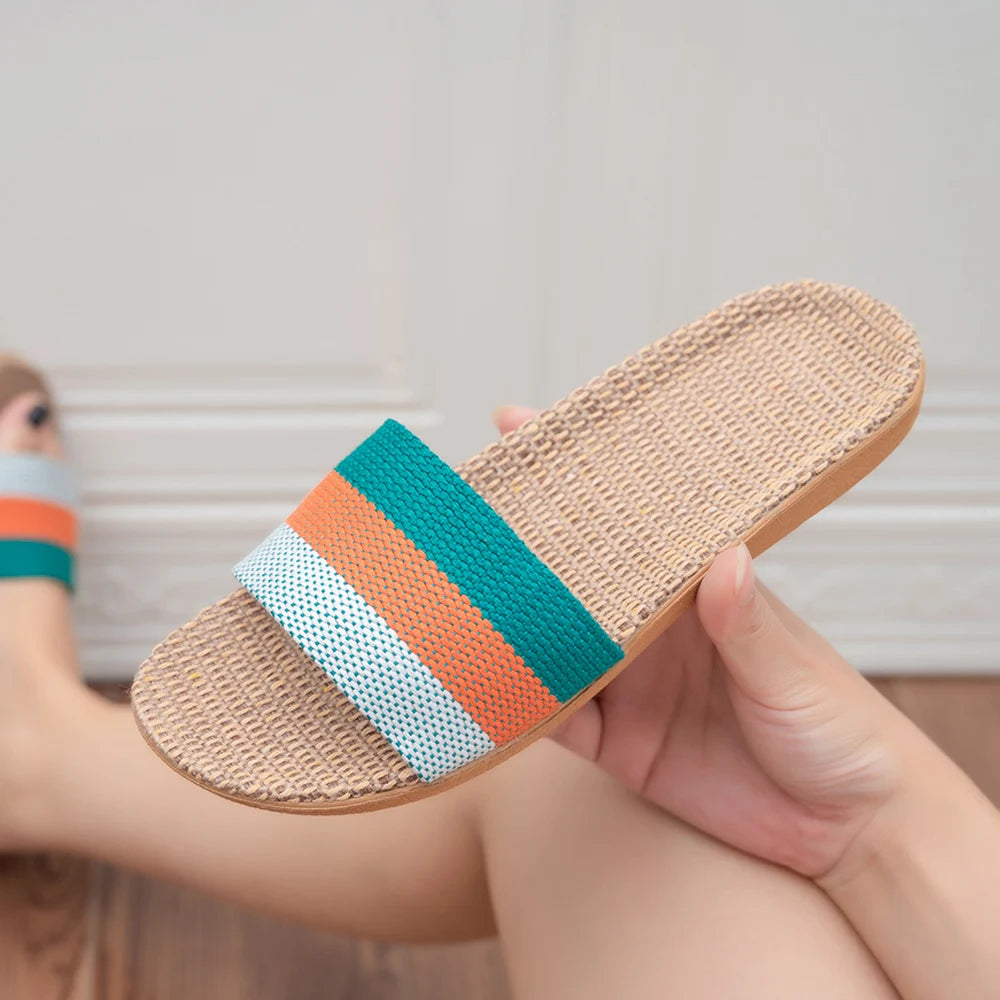 Summer Linen Flat Slippers for Women – Lightweight EVA Home Sandals | شباشب صيفية من الكتان للنساء – صنادل منزلية خفيفة من EVA
