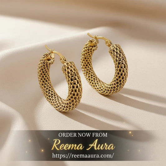 FLASHBUY Stainless Steel Gold Color Geometric Metal Mesh Earrings For Women Girls New Trend Hoop Ear Jewelry Gift