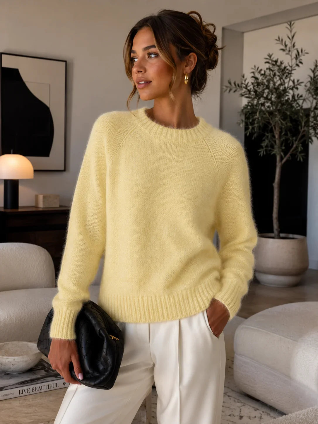Women Fluffy Mohair Sweater Crew Neck Raglan Long Sleeve Knit Pullover Loose Casual Soft Warm Jumper Autumn Winter Knitwear Tops
