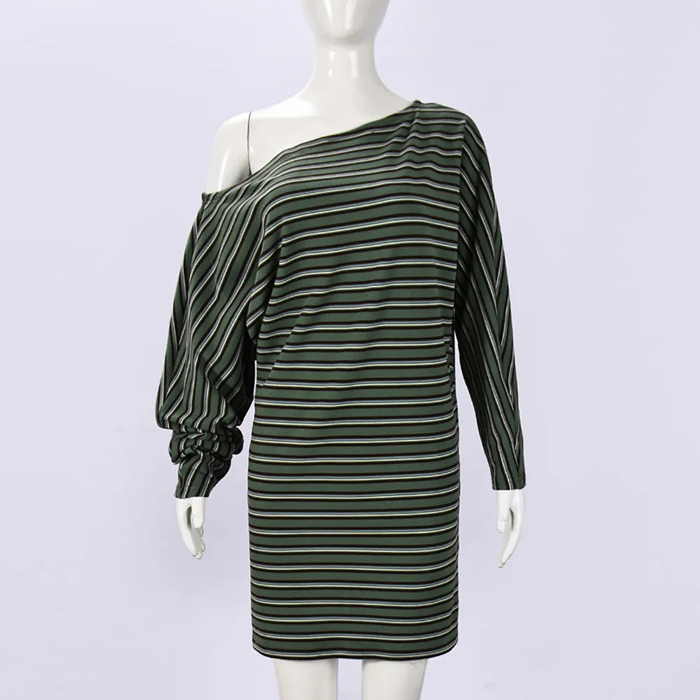 BKLD 2026 Autumn New Fashion Elastic Striped Skew Shoulder Bodycon Dress Women Clothing Printed Long Sleeve Short Dresses