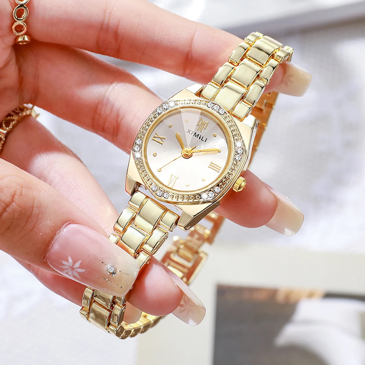 Elegant Rhinestone Roma Dial Women Quartz Watch Stainless Steel Bracelet Wristwatches Clock Gift Relogio Feminino（Without Box）