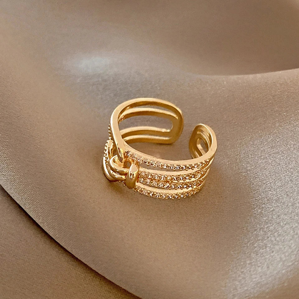 ZAKOL Fashion Double Layers Zircon Rings for Women Gold Color Plated Open Stainless Steel Ring Aesthetic Party Wedding Jewelry