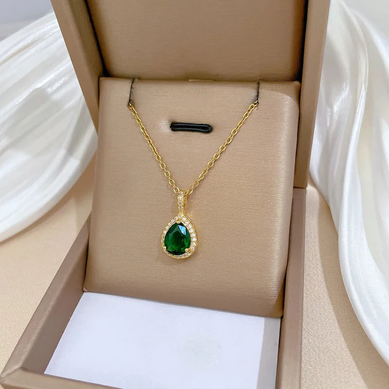 ZAKOL Exquisite Stainless Steel Green Water Droplet Inlay Zircon Pendant Necklace Earrings Set Trend Jewelry Gift for Women