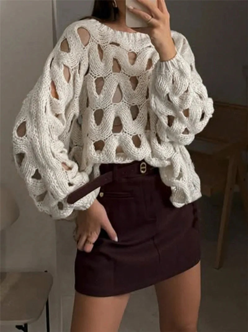 BKLD Ladies' Casual Solid Color Leisure Vacation Beach Hollow Out Crochet Long Sleeve Sweater Pullovers Knitted Tops Women