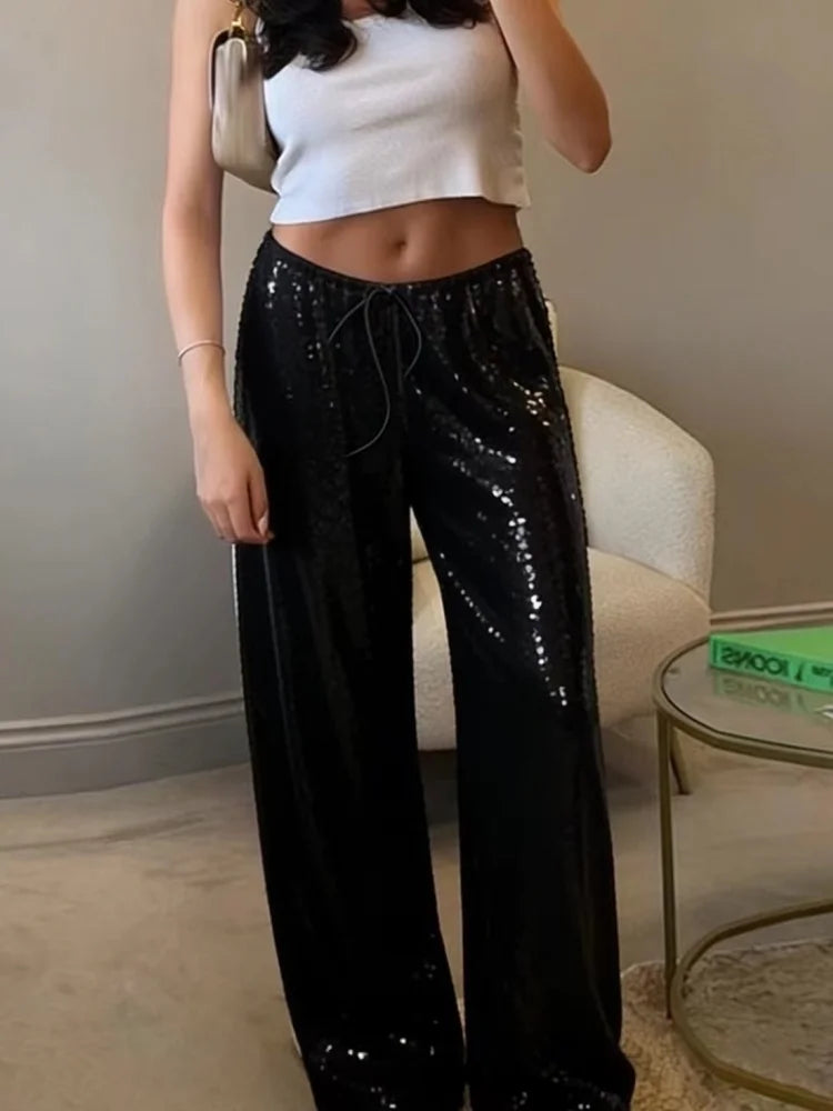 Summer Vacation Y2k Women's Sequined Pants Lady Chic High-Waist Lace Up Loose Fit Straight Mop Trouser Female Casual Streetwear