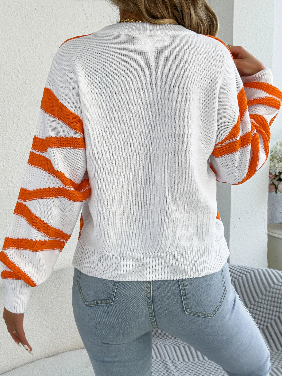 2026 Fashion Contrast Color Striped Sweaters for Autumn Winter Casual Round Neck Lantern Long Sleeve Knitted Tops Women Clothes