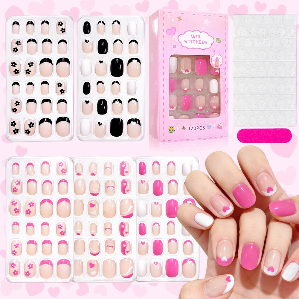 120Pcs Kids Cute Bow Heart Design False Nails Cartoon Animal Short Square Full Cover Fake Nail Tips for Girls Press On Nails