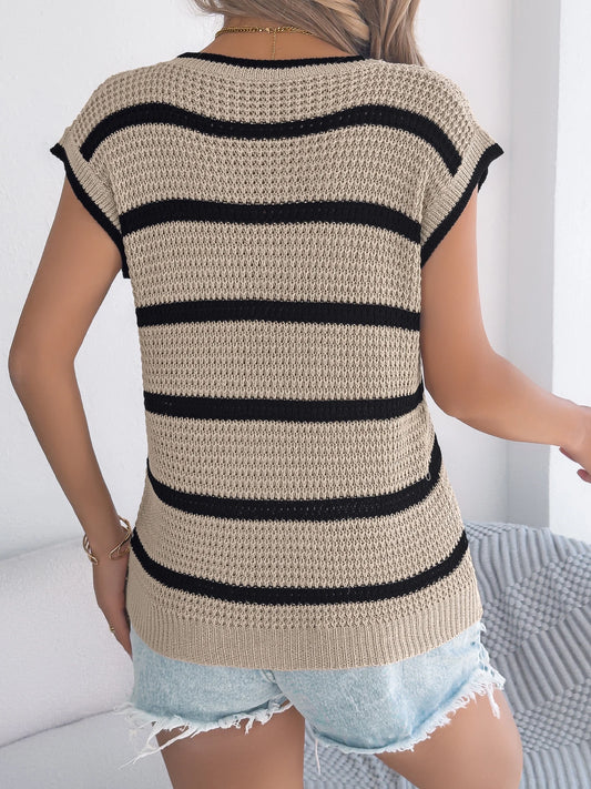 2026 Fashion Contrast Color Stripe Knitted Pullover Tops for Spring Summer Round Neck Sleeveless Hollow Out Vest Women Clothes