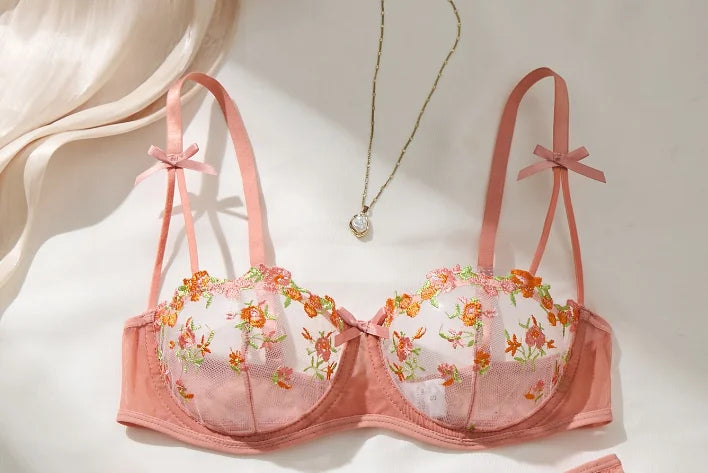 French Orange Floral Embroidery Lace Lingerie Set Sexy See-through Bra Support for Valentine's Party