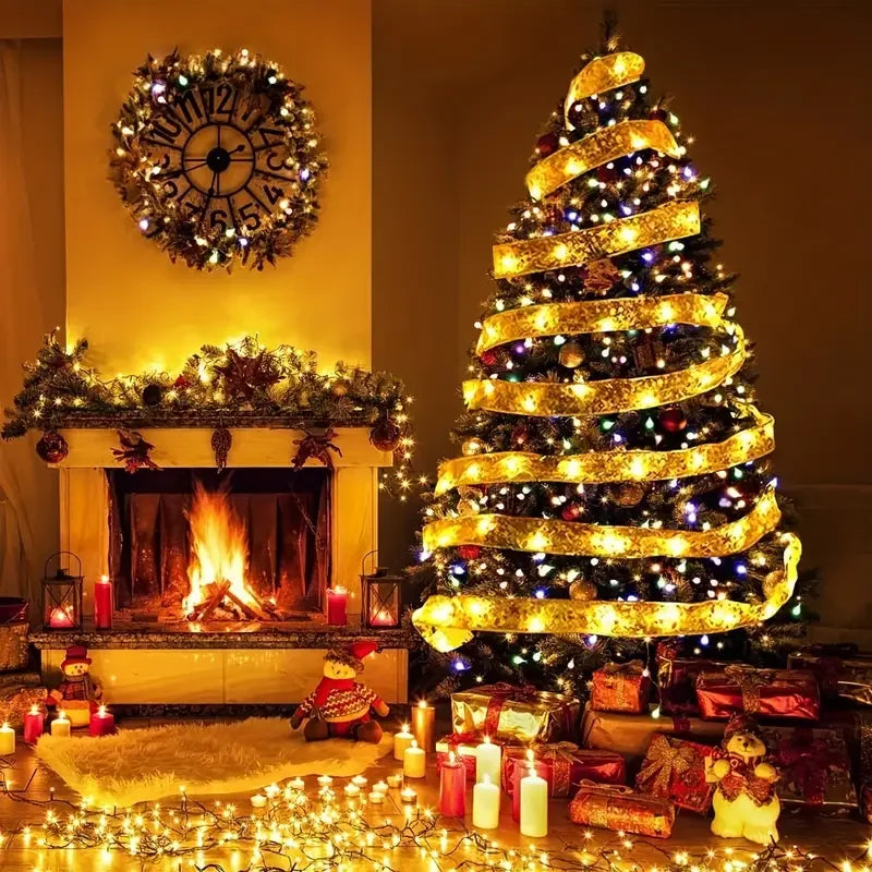 1pc Christmas Gilding Double Ribbon Christmas Ribbon LED String Lights Christmas Decorations Party Decorations Christmas Pendant