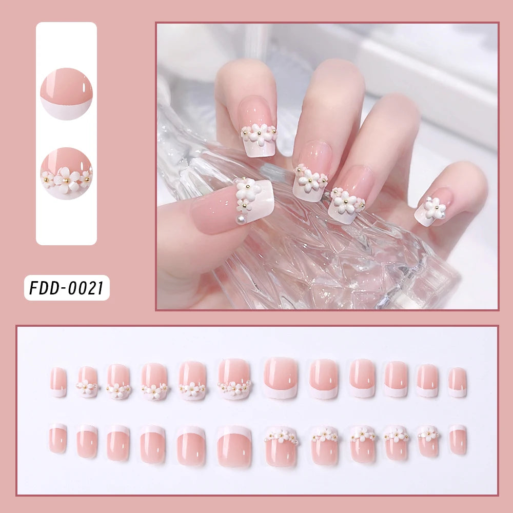 24pcs Medium Long Acrylic Fake Nails 3D Flower Pearl Design Press on Nails Ballerina Full Cover False Nails Tips for Women