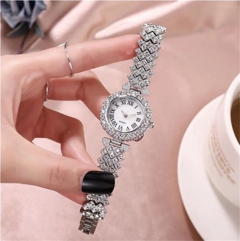 2PCS/Set Women's Watch Fashion Rhinestone Roma Dial Quartz Watches Stainless Steel Band Wrist Watch Bracelet Set