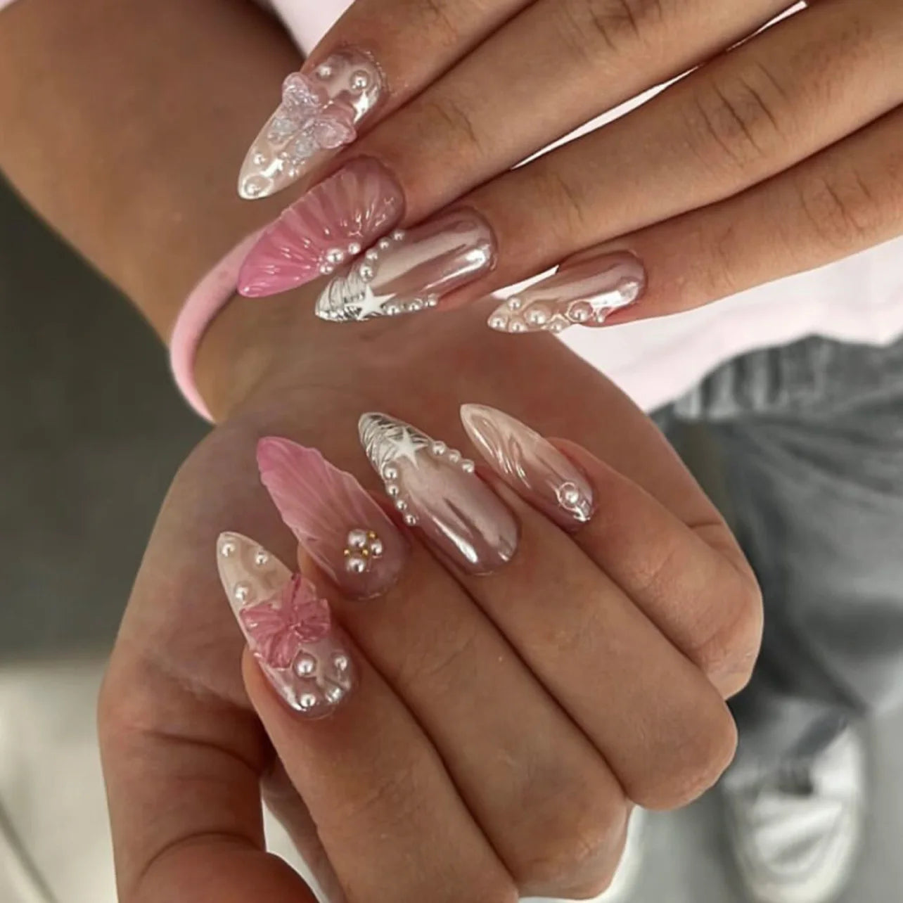 24Pcs Y2k Almond Acrylic Nails Full Cover 3D Diamond Black Nail Art Sweet Cool French Wearable Fake Nail Manicure Tips for Girls