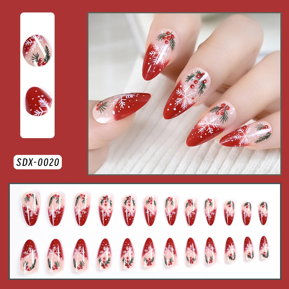24Pcs Glitter powder French Christmas Fake Nails Almond Full Cover False Nails Snowflake with Bowknot Rhinestone Press On Nails