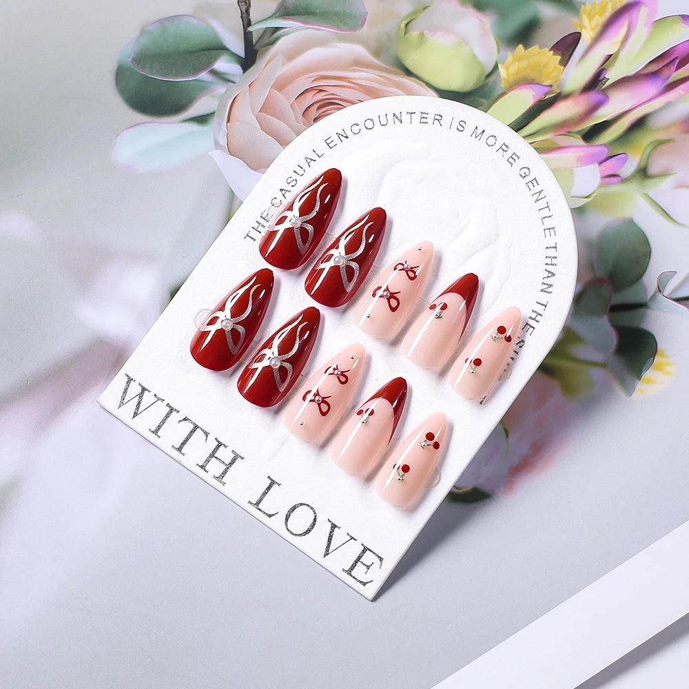 24Pcs Cute Cherry French Almond False Nails with Bow Design Acrylic Wearable Artificial Press on Nails Full Cover Fake Nail Tips