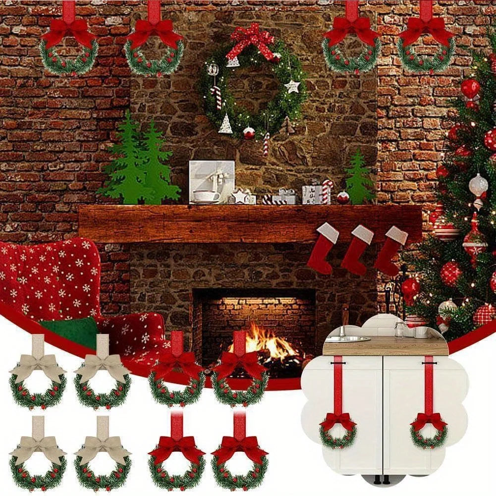 6 Christmas Kitchen Cabinet Wreaths With Ribbons, Christmas Mini Cabinet Wreaths With Ribbon Bows, For Fireplaces,Stair Railings