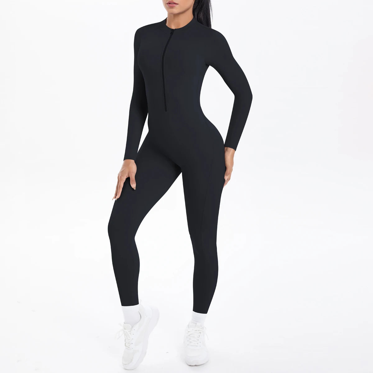 Solid Color Backless Yoga Bodysuits Women's Sportswear Stretch Bodysuit For Women Long Sleeves Jumpsuits Push Up Half Zipper Set