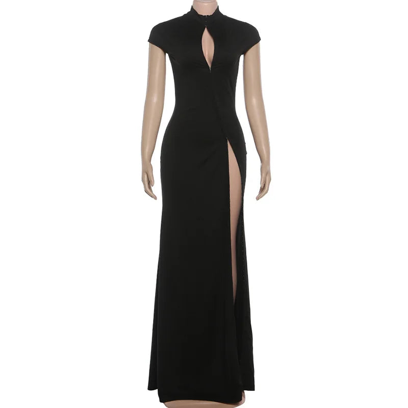 Women's Black Evening Dress Hollow Out A-line Maxi Dress Fashion High Neck Short Sleeve Slim High Split Dresses Sexy Party Gowns