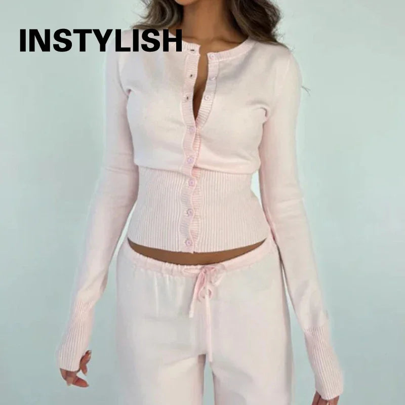 Women Elegant Solid Sweater Cardigans Korean Chic Slim Fit Cropped Knitted Tops Autumn Casual Long Sleeve O Neck Sweaters Coats